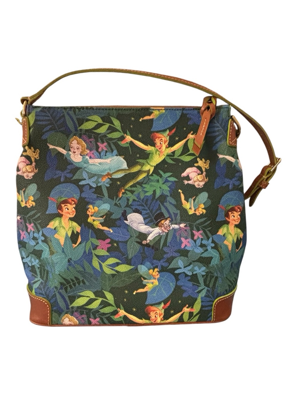 Dooney & Bourke Green Tinker Bell Print Shoulder Bag with Brown Trim - Picture 3 of 16